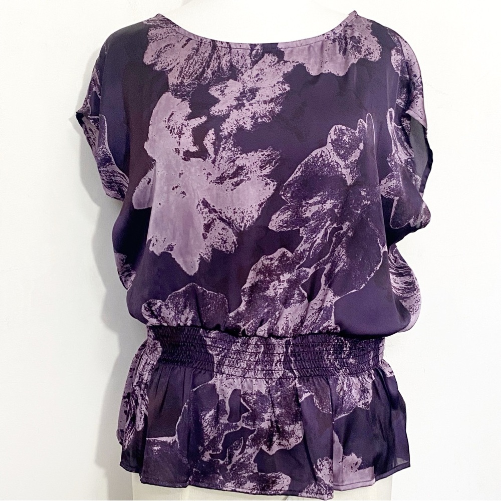 AB Studios Floral Silky Purple Shirred Waist Short Sleeve Women's Top S
